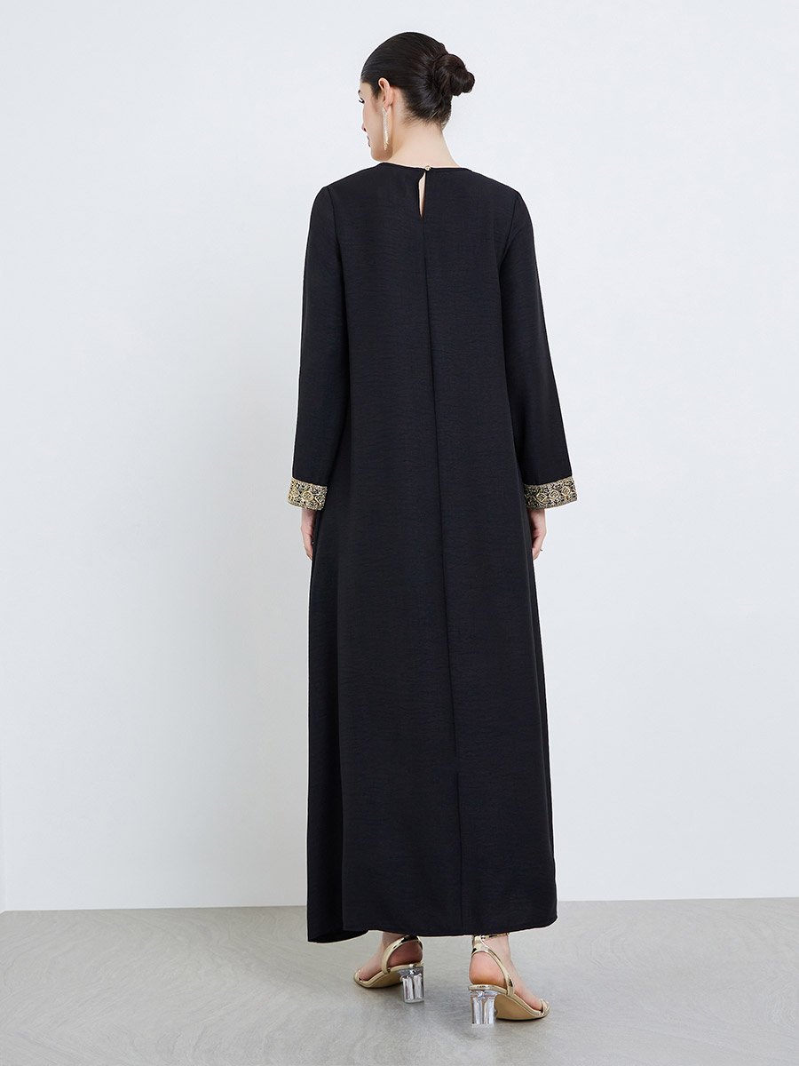 Women Black Gold Embroidered Maxi Jalabiya