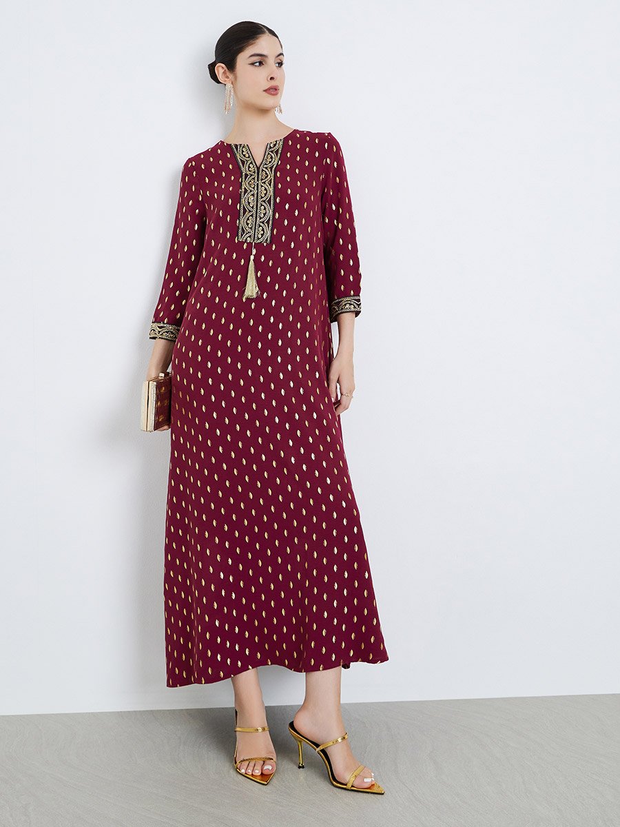Women Burgundy Gold Print Maxi Jalabiya