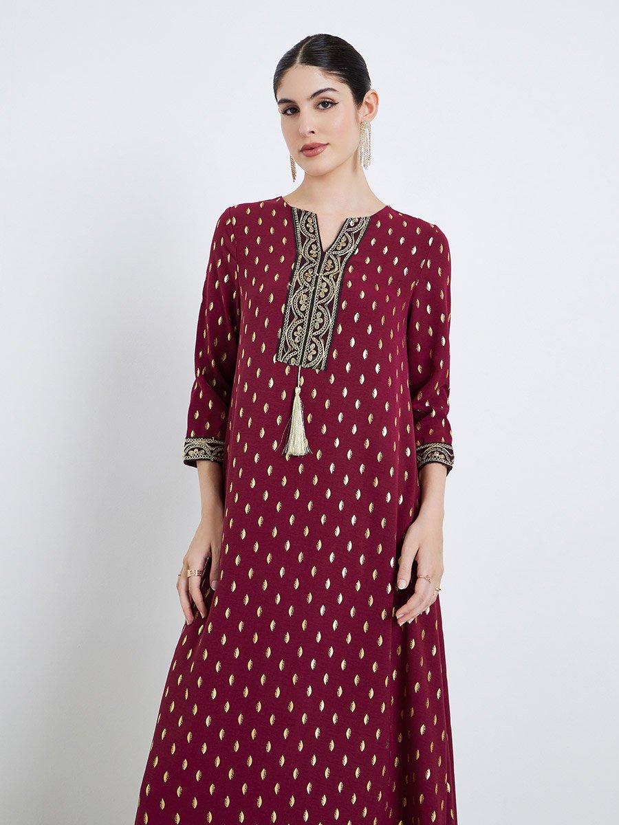 Women Burgundy Gold Print Maxi Jalabiya