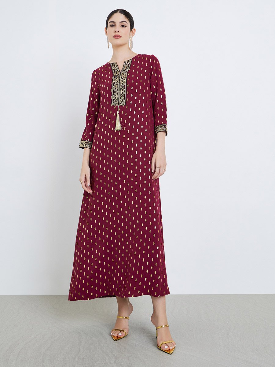 Women Burgundy Gold Print Maxi Jalabiya