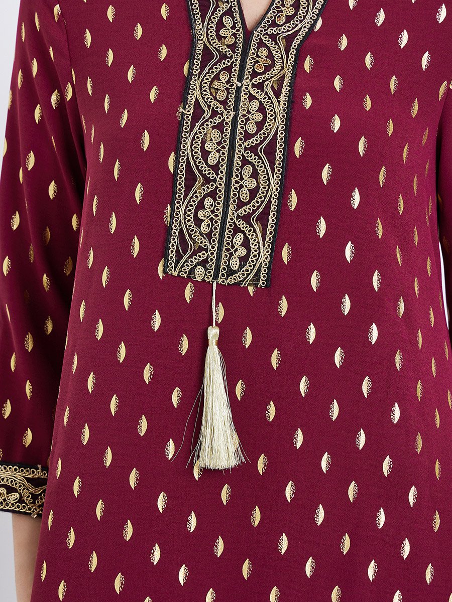 Women Burgundy Gold Print Maxi Jalabiya