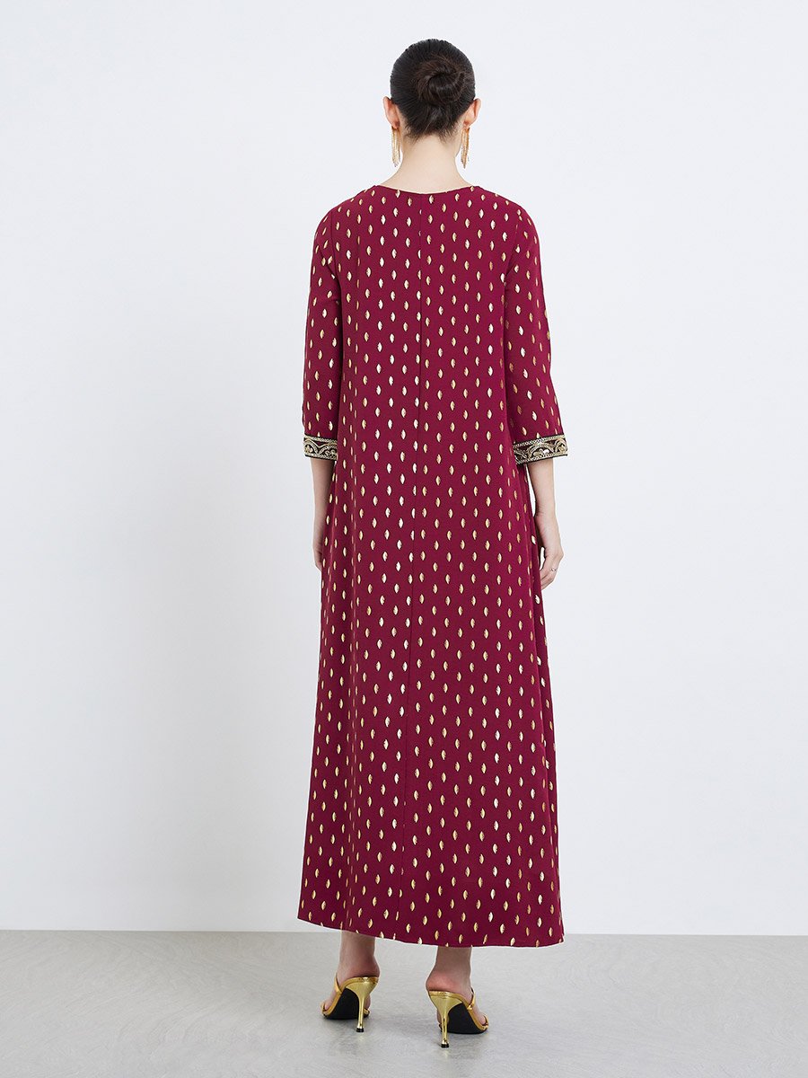 Women Burgundy Gold Print Maxi Jalabiya