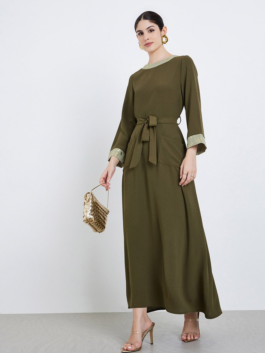 Women Olive Foil Print A-Line Jalabiya