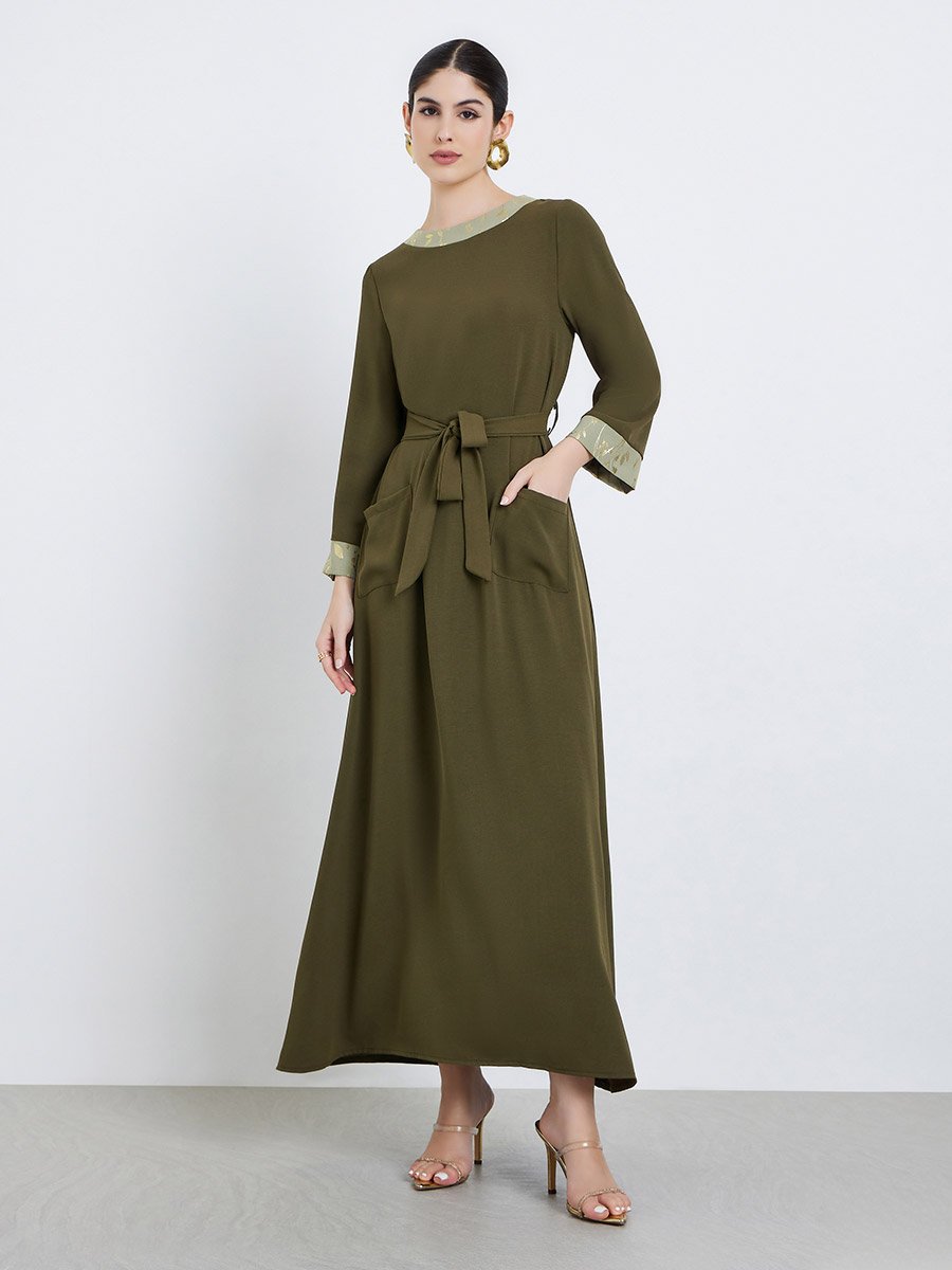 Women Olive Foil Print A-Line Jalabiya