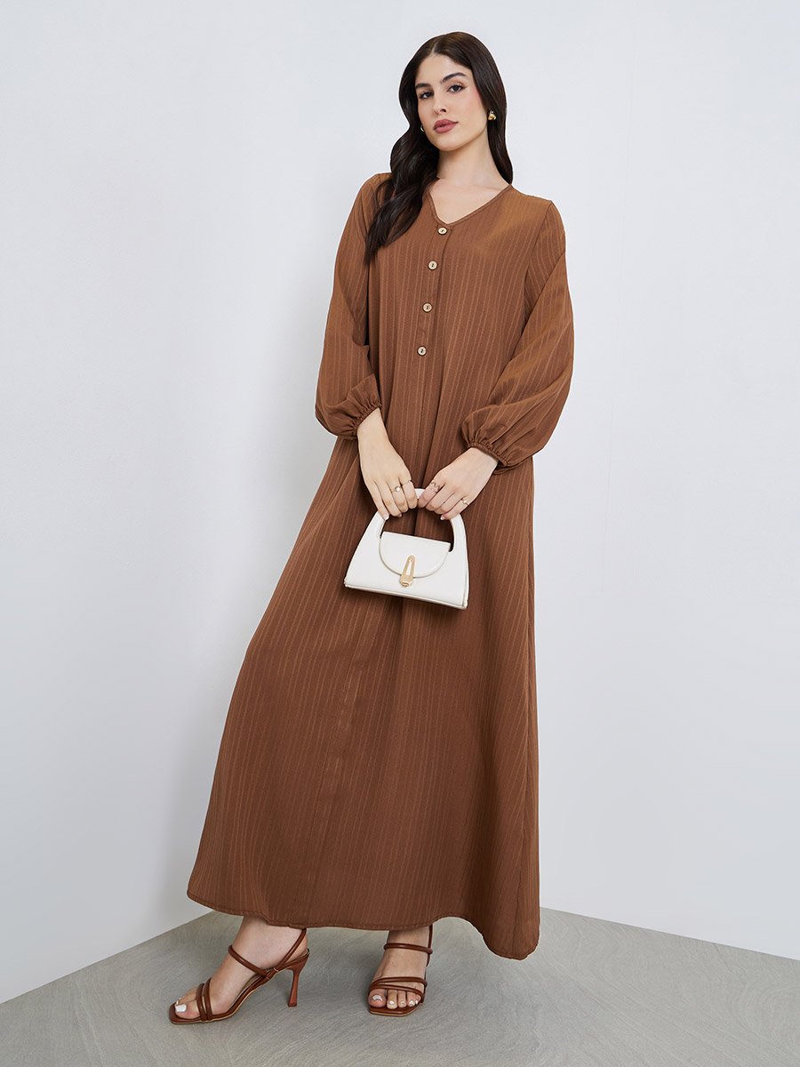 Women Brown Textured Buttoned Maxi Jalabiya
