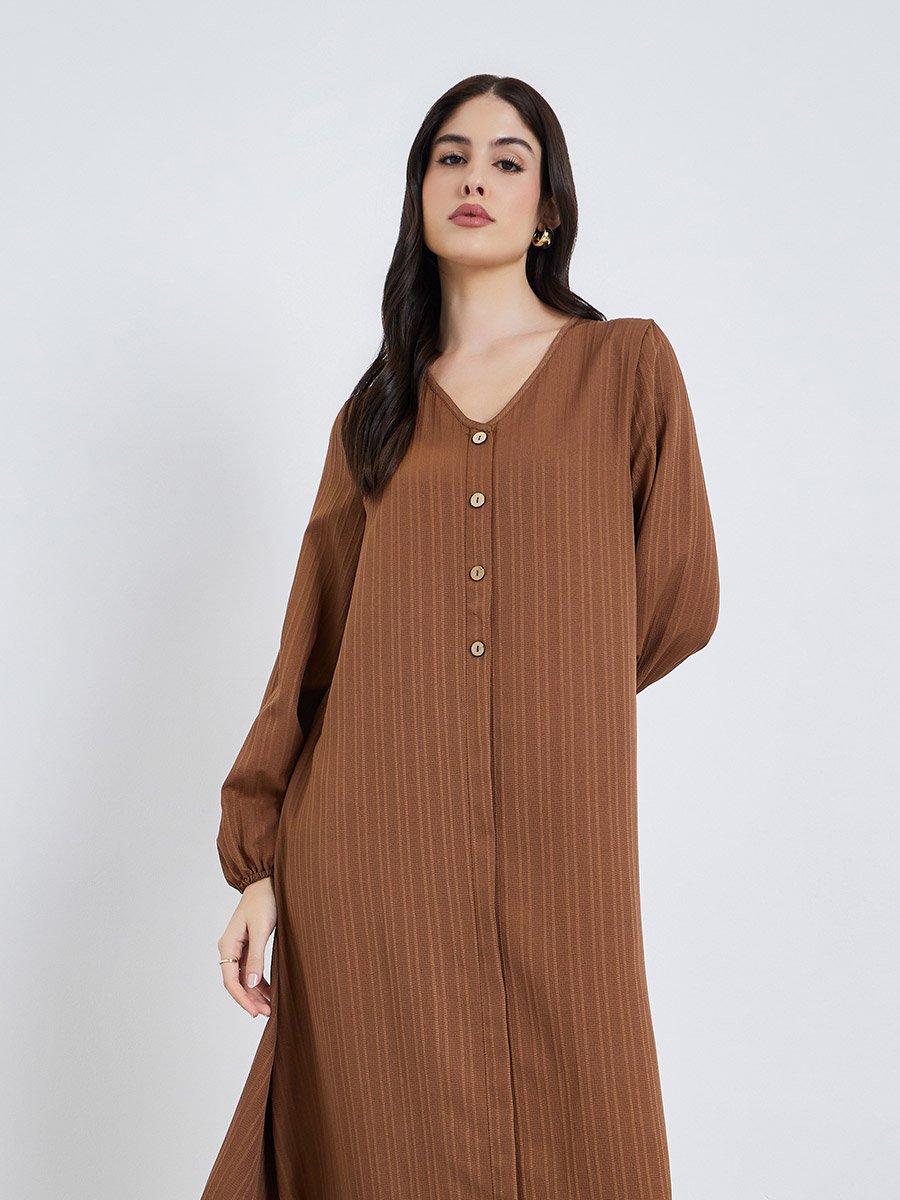 Women Brown Textured Buttoned Maxi Jalabiya