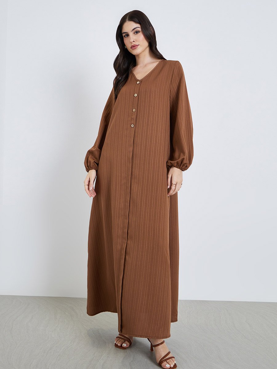 Women Brown Textured Buttoned Maxi Jalabiya