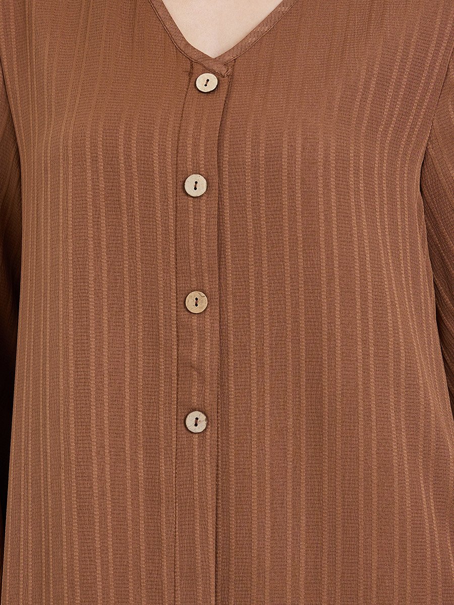Women Brown Textured Buttoned Maxi Jalabiya