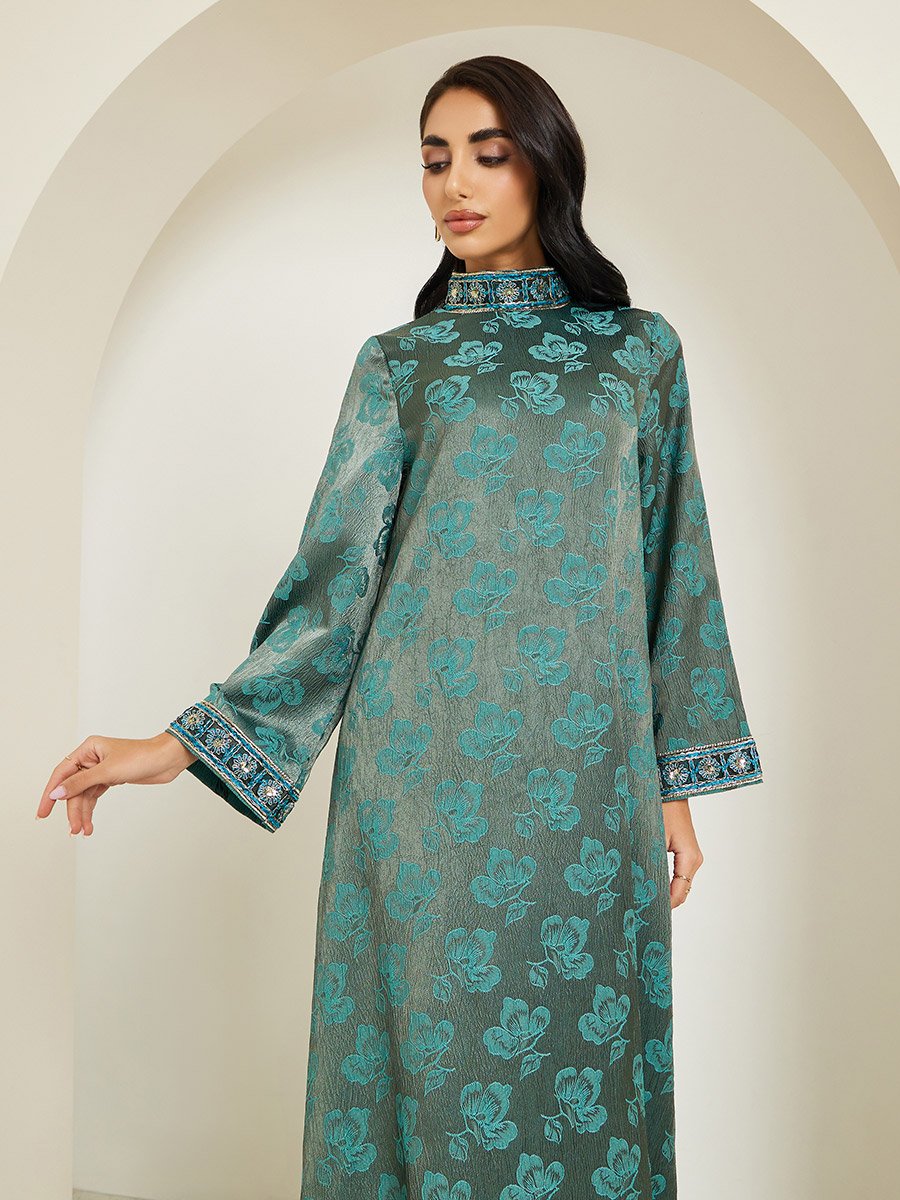 Women Stand Collar Jacquard Jalabiya With Lace Trim
