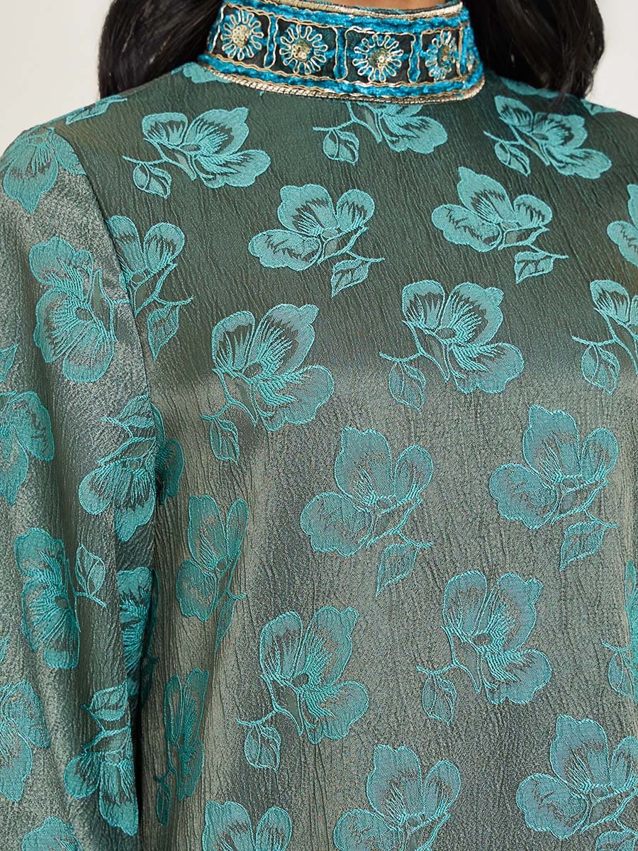 Women Stand Collar Jacquard Jalabiya With Lace Trim