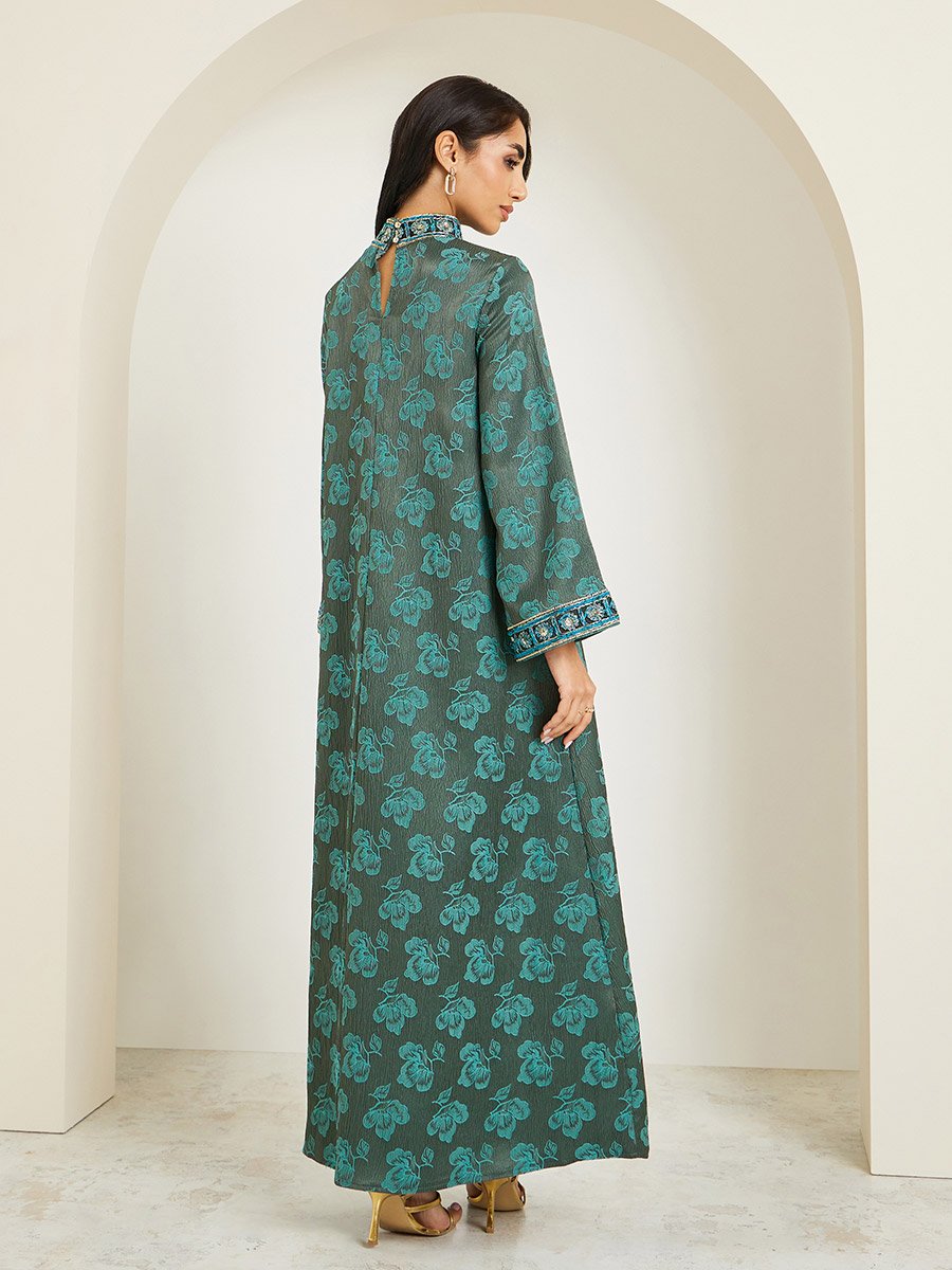 Women Stand Collar Jacquard Jalabiya With Lace Trim