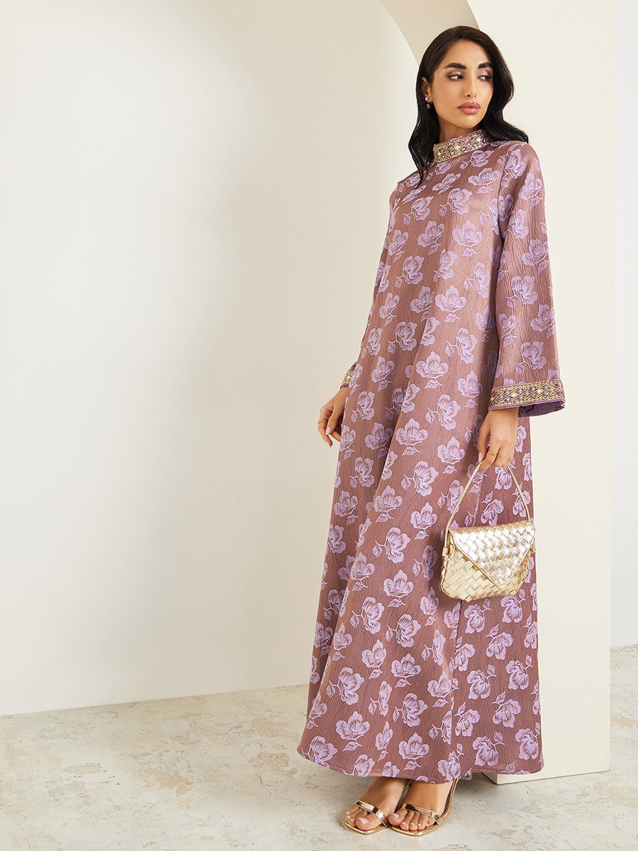 Women Stand Collar Jacquard Jalabiya With Lace Trim