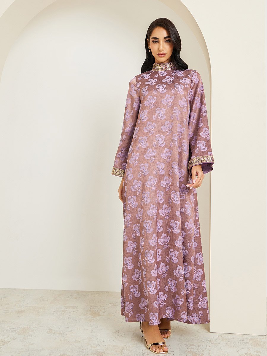Women Stand Collar Jacquard Jalabiya With Lace Trim
