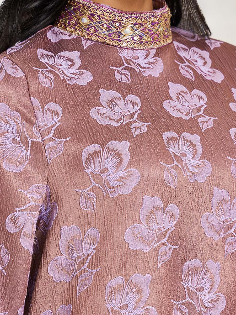 Women Stand Collar Jacquard Jalabiya With Lace Trim