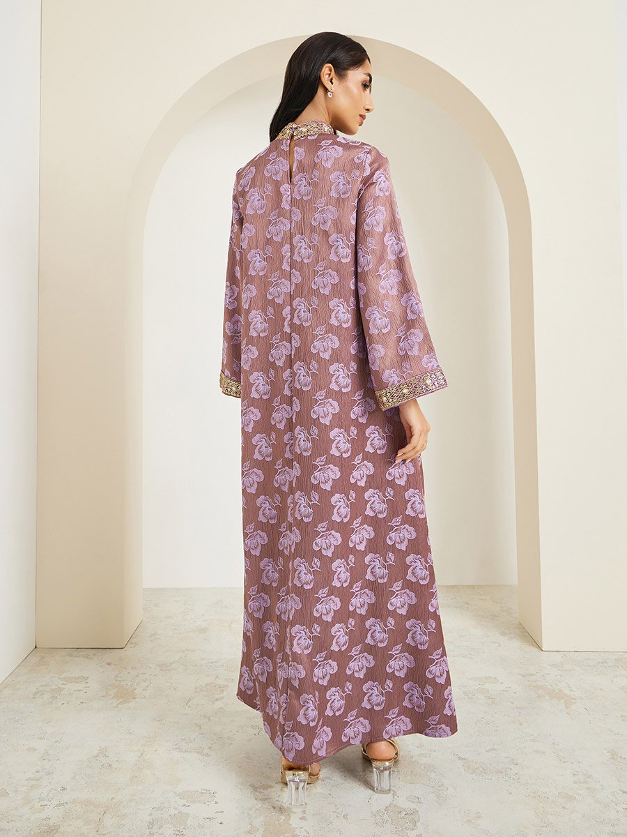 Women Stand Collar Jacquard Jalabiya With Lace Trim