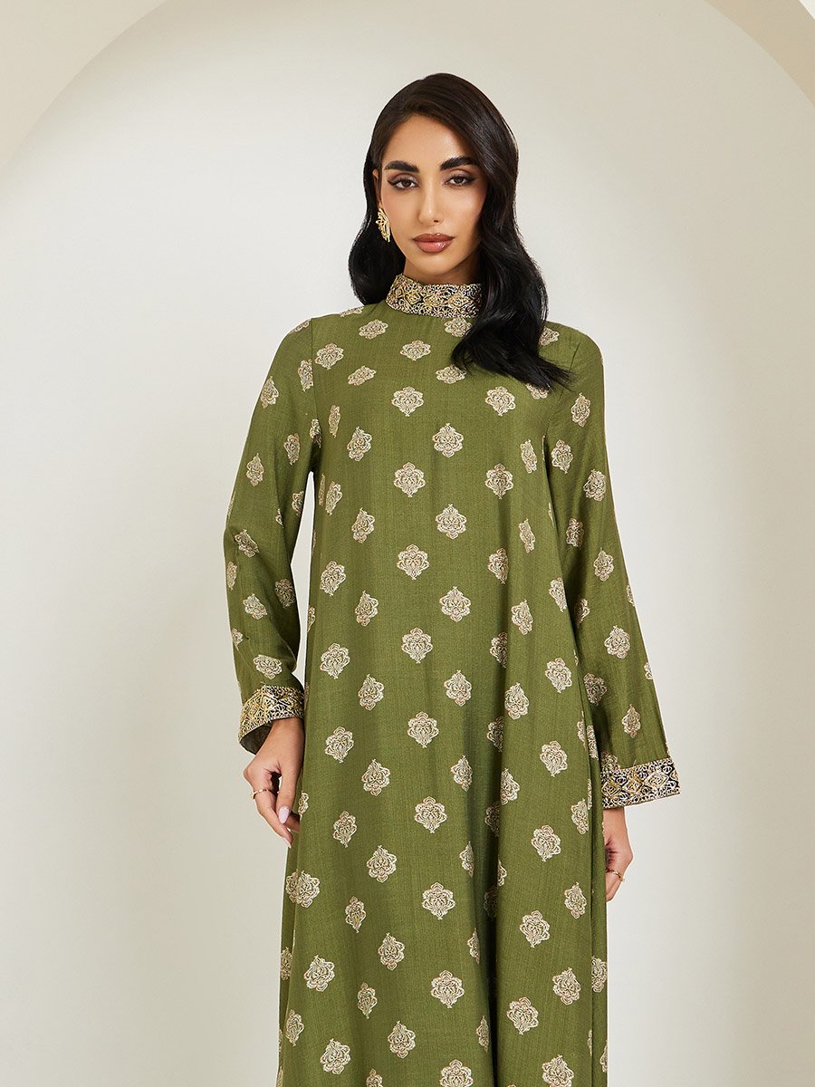 Women Stand Collar Printed Jalabiya With Lace Trim