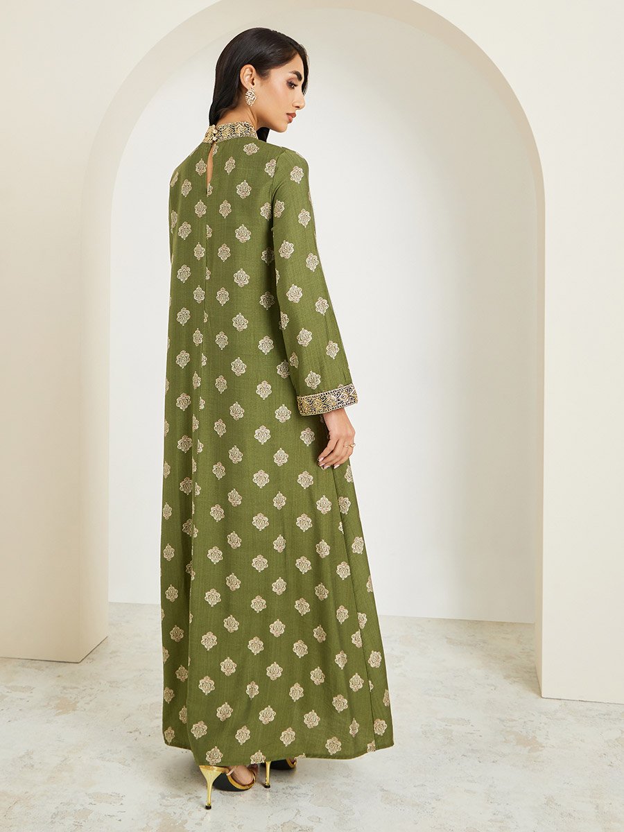 Women Stand Collar Printed Jalabiya With Lace Trim