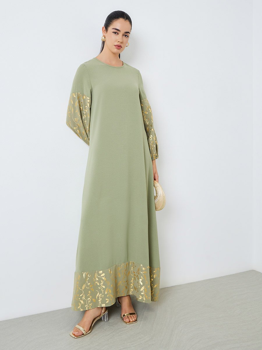 Women Green Foil Print A-Line Jalabiya