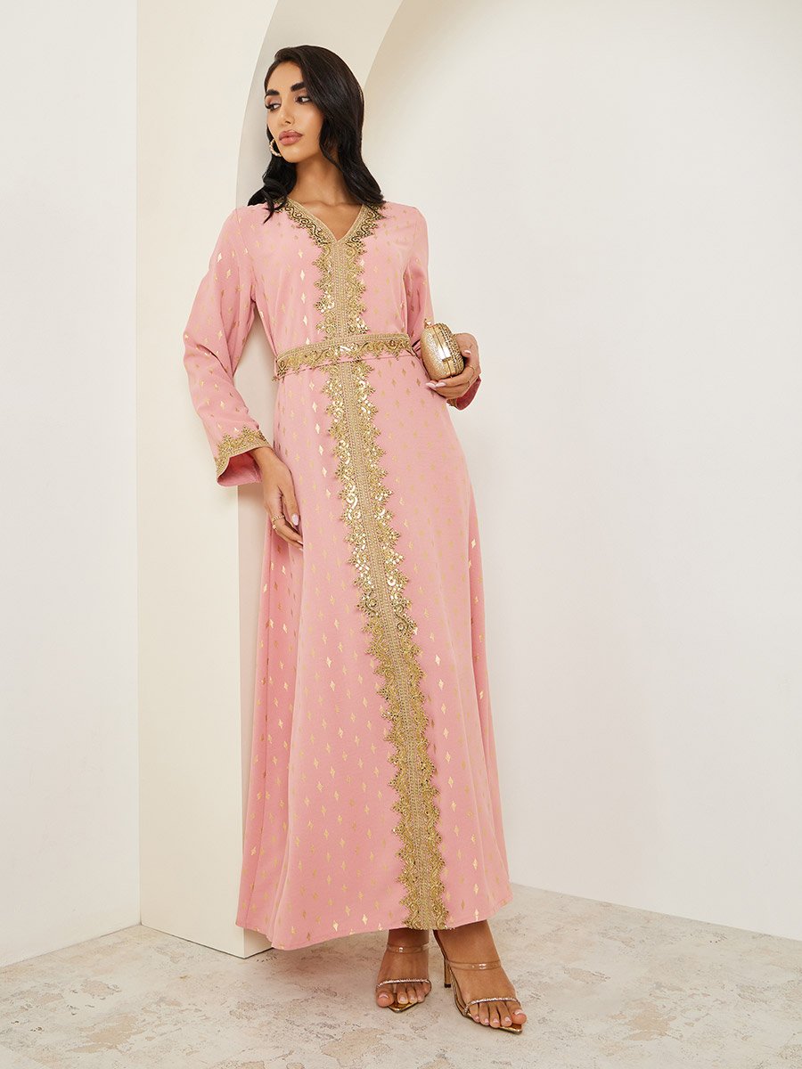 Women Pink Embroidered A-Line Kaftan For Women at Bahrain | Styli Women Pink Embroidered A-Line Kaftan For Women at Bahrain | Styli