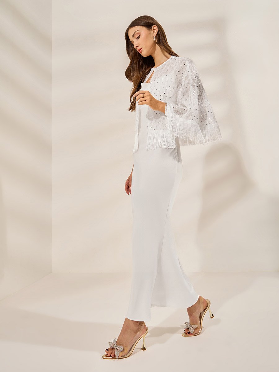 Women Satin Maxi Dress with Embellished Sequin Cape Set