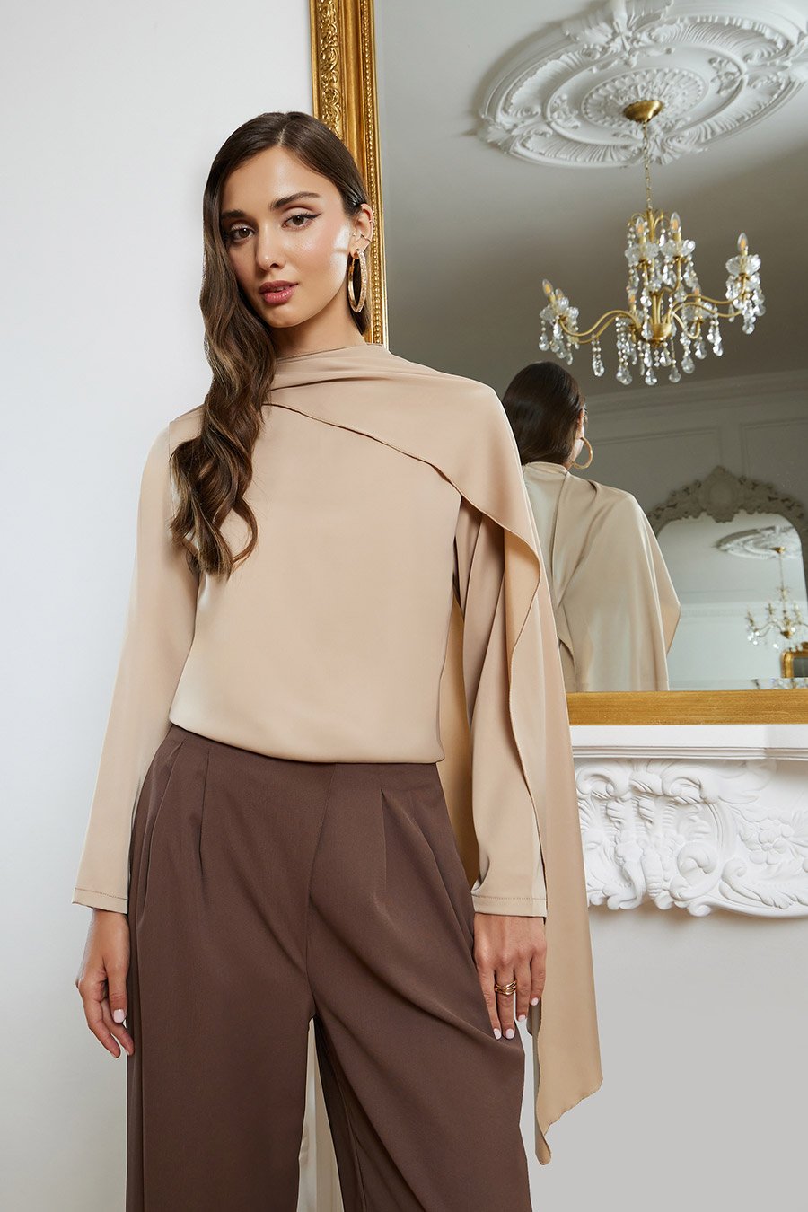 Women Satin Beige Long Sleeve Blouse