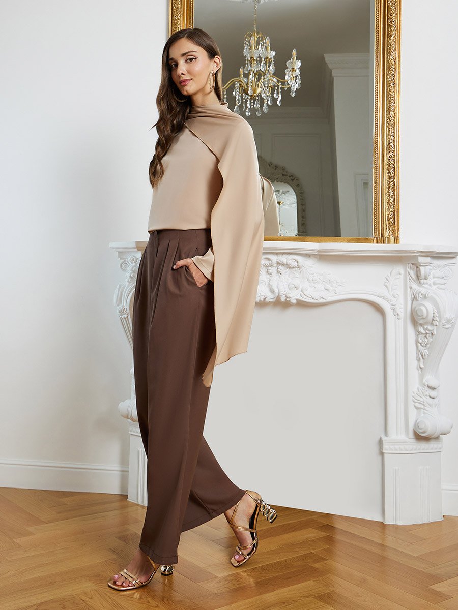 Women Satin Beige Long Sleeve Blouse