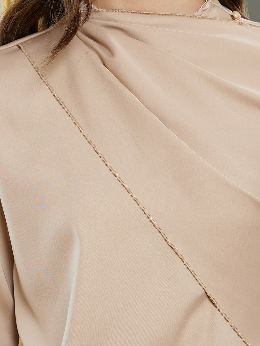 Women Satin Beige Long Sleeve Blouse