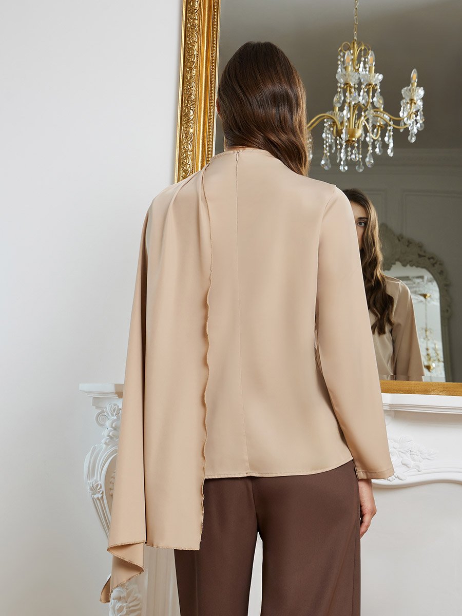 Women Satin Beige Long Sleeve Blouse