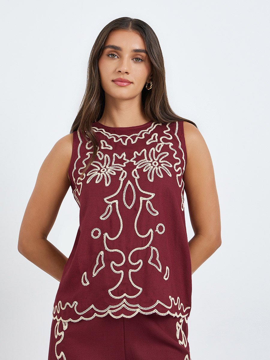 Women Burgundy Sleeveless Embroidered Blouse