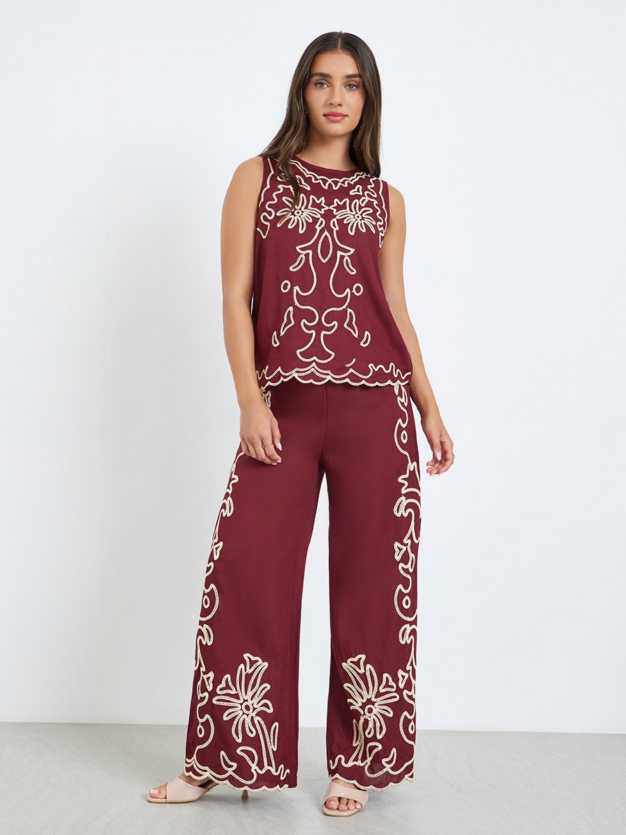 Women Burgundy Sleeveless Embroidered Blouse