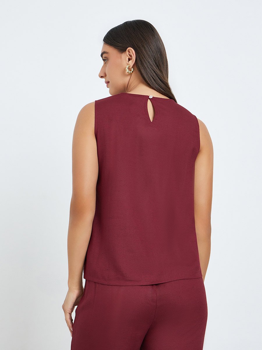 Women Burgundy Sleeveless Embroidered Blouse