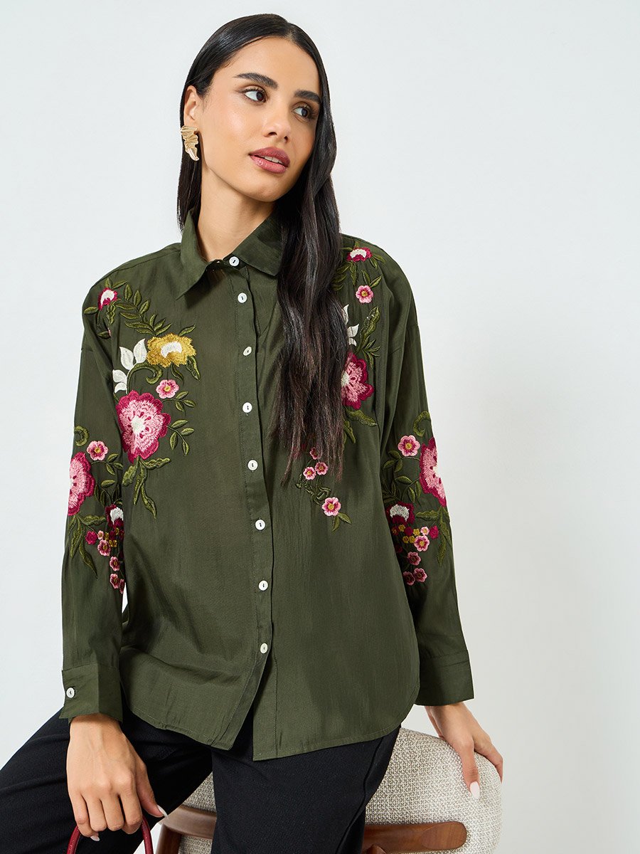 Green Floral Embroidered Shirt
