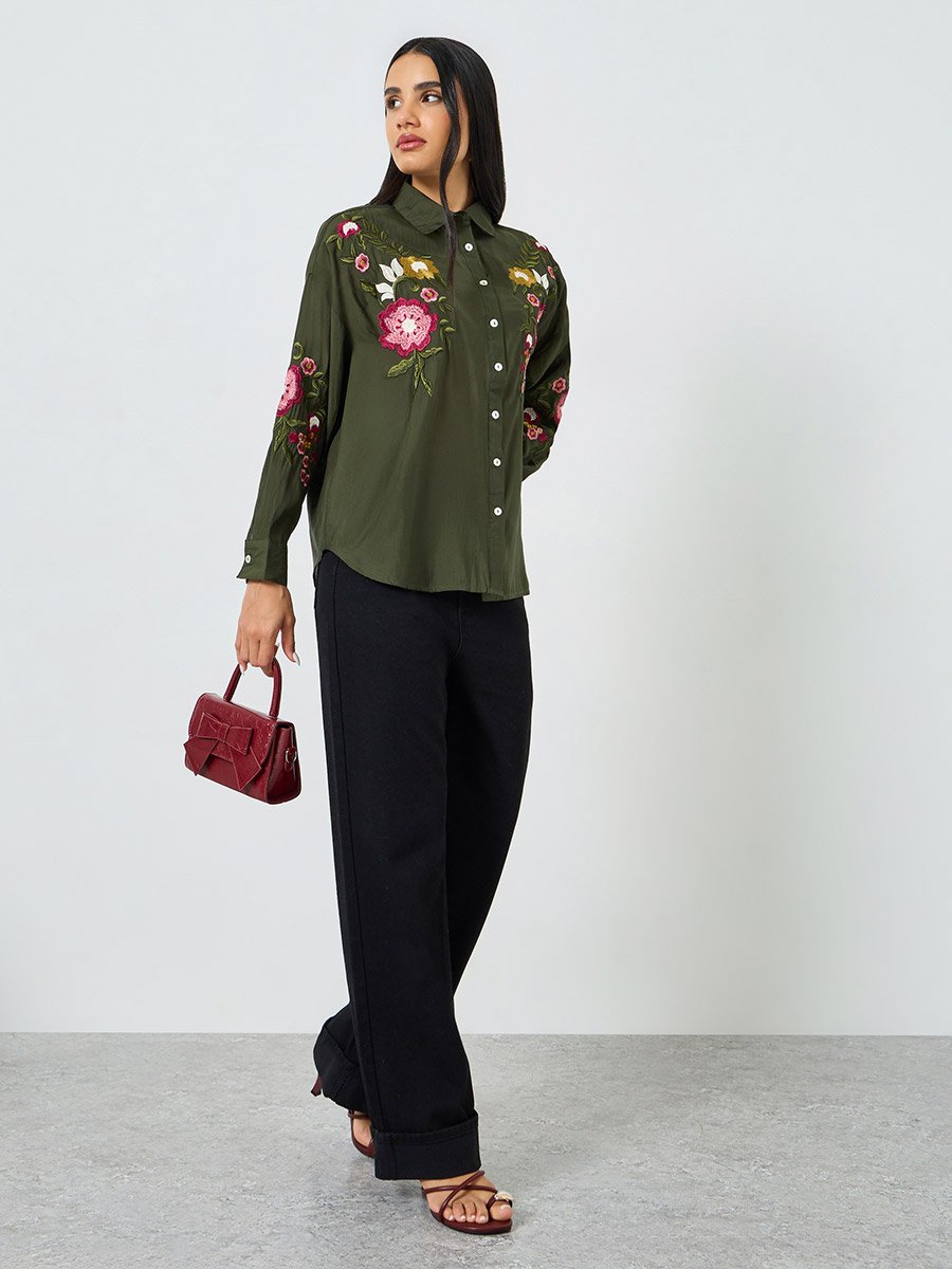 Green Floral Embroidered Shirt