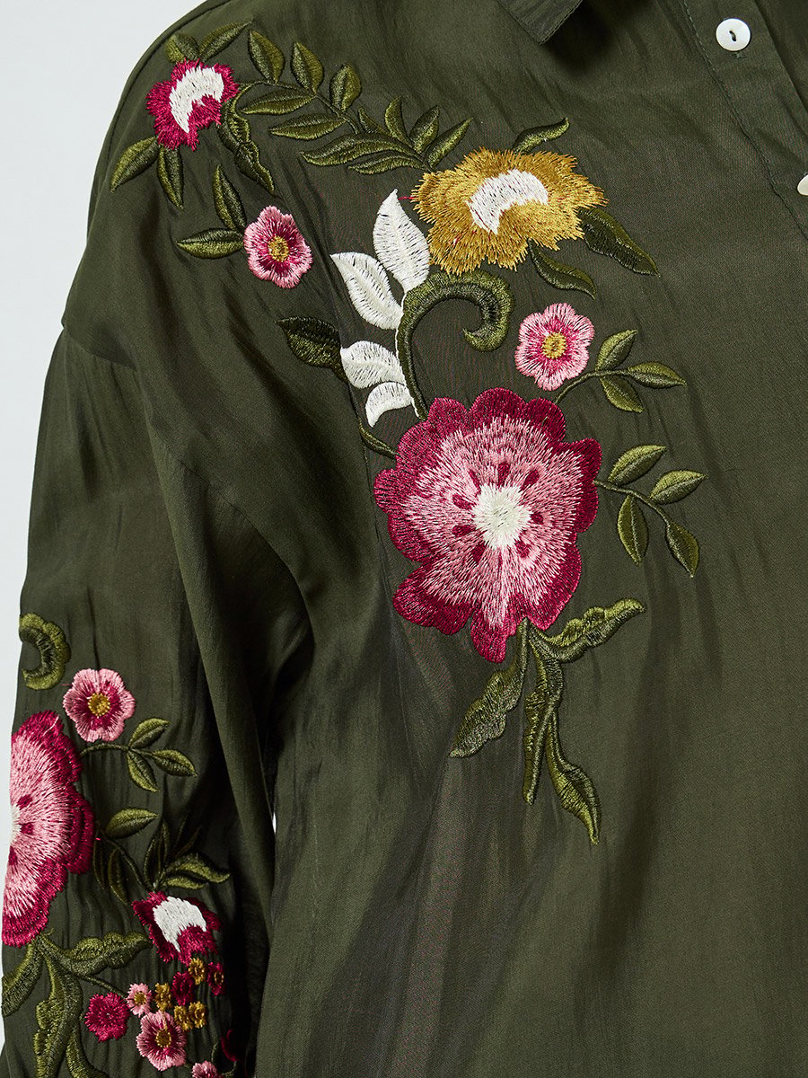 Green Floral Embroidered Shirt