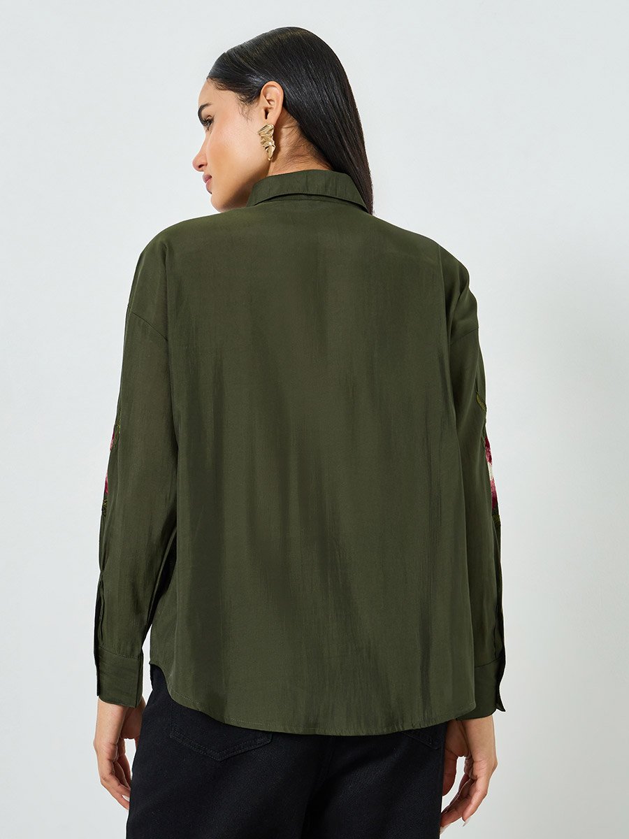 Green Floral Embroidered Shirt