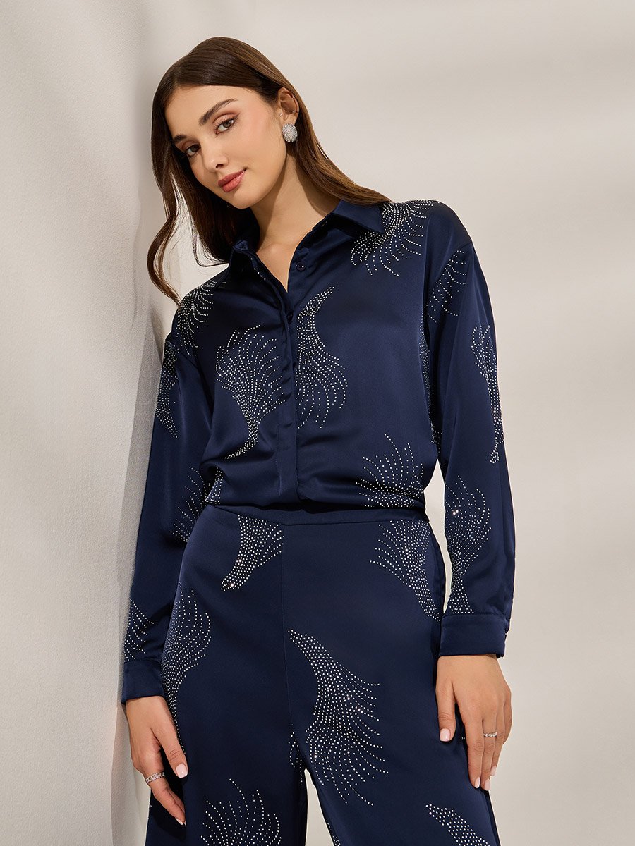 Navy Blue Embellished Satin Shirt