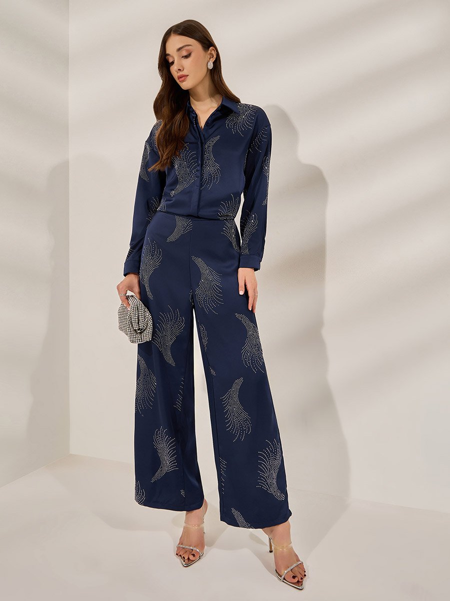 Navy Blue Embellished Satin Shirt