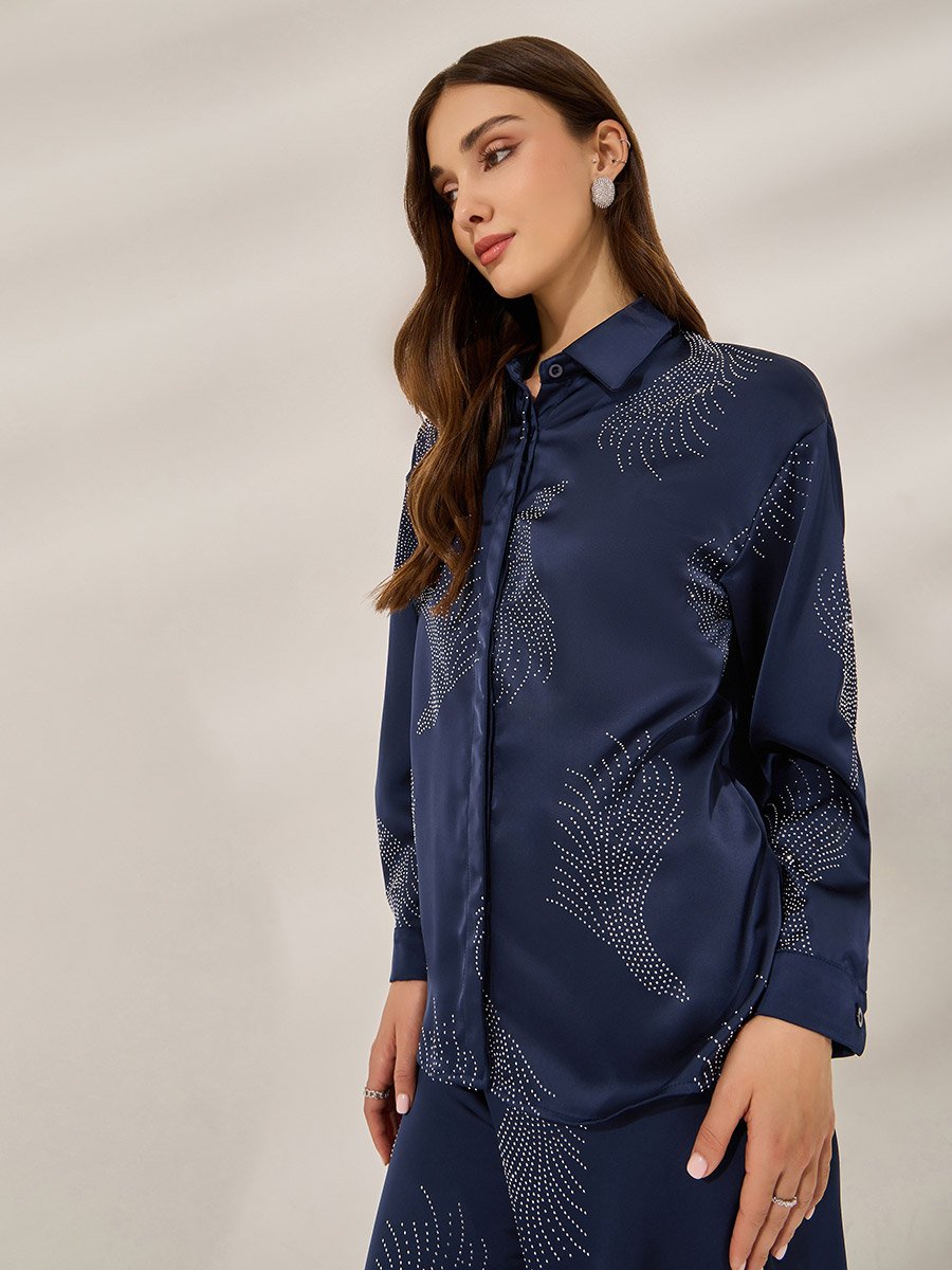 Navy Blue Embellished Satin Shirt