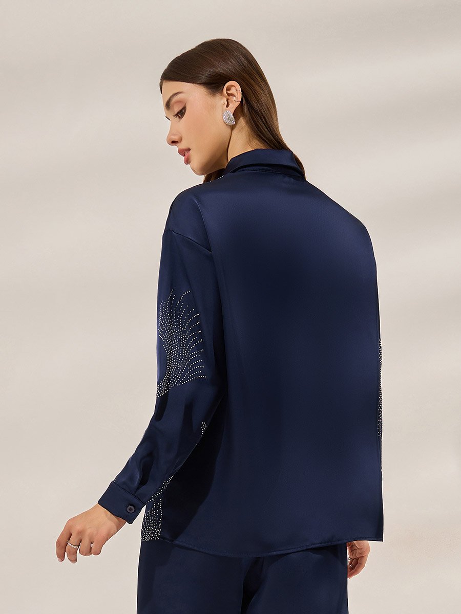 Navy Blue Embellished Satin Shirt