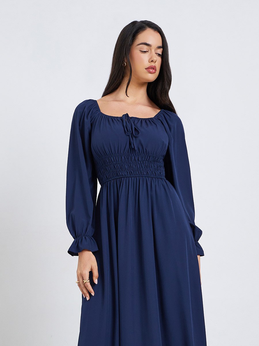 Women Navy Blue Long Sleeve A-Line Midi Dress