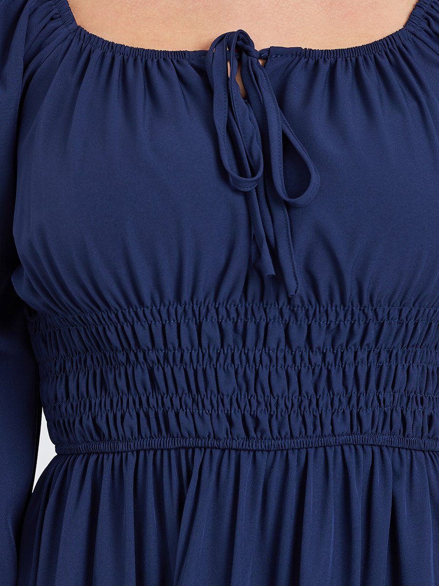 Women Navy Blue Long Sleeve A-Line Midi Dress