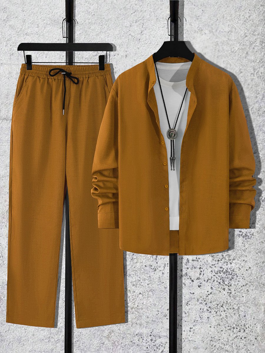 Men Copper Stand Collar Shirt and Pants Co-Ords