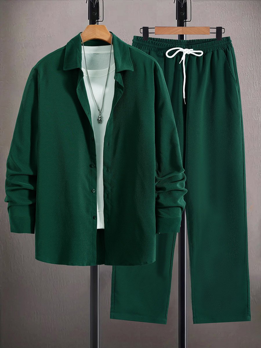 Men Dark Green Solid Shirt and Pants Co-Ords