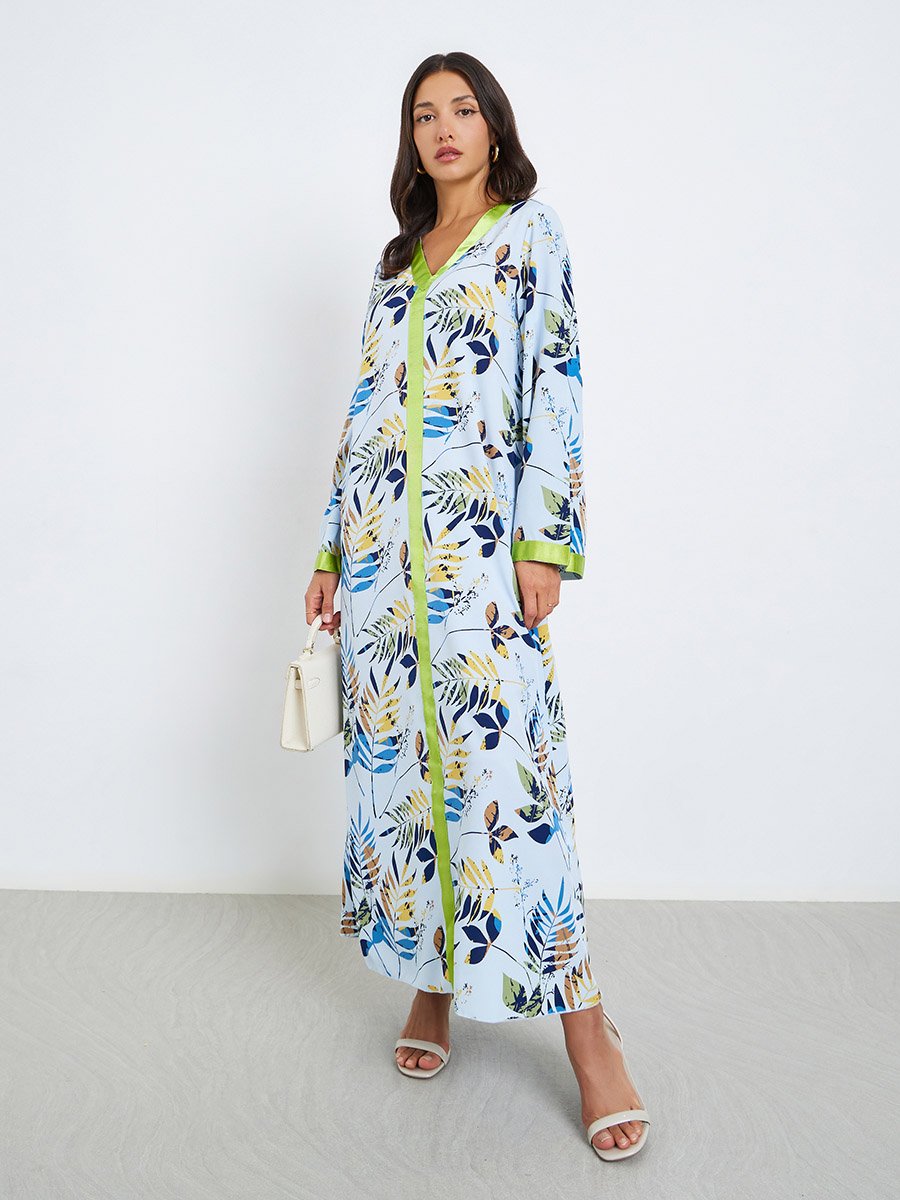 Women Floral Print Jalabiya with Contrast Trim