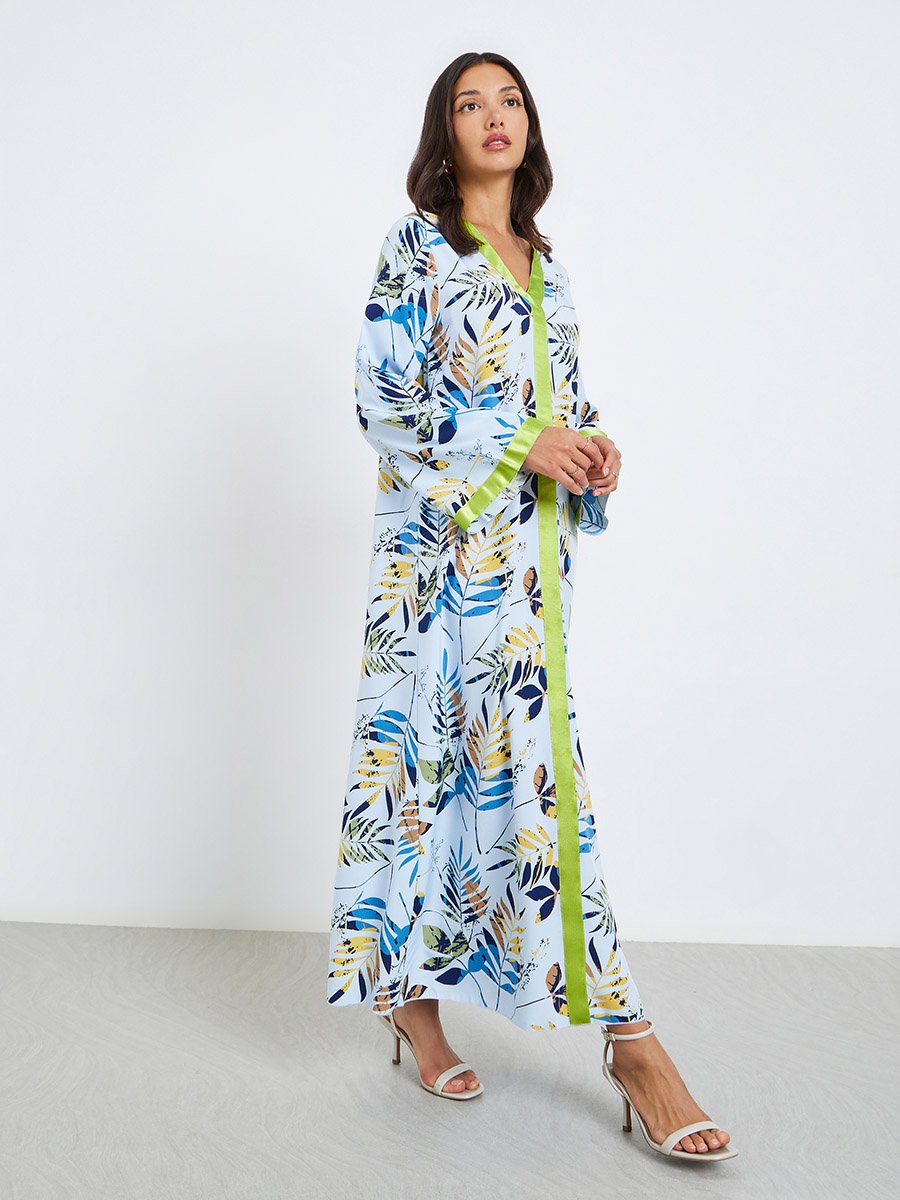 Women Floral Print Jalabiya with Contrast Trim