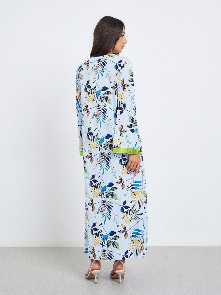 Women Floral Print Jalabiya with Contrast Trim