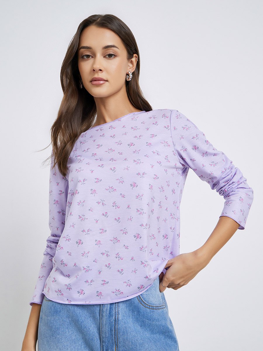 Purple Floral Print Long Sleeve T-Shirt