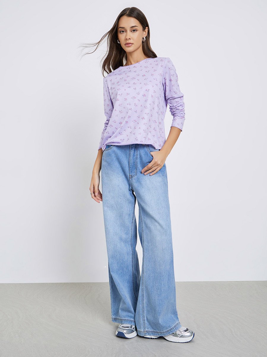 Purple Floral Print Long Sleeve T-Shirt