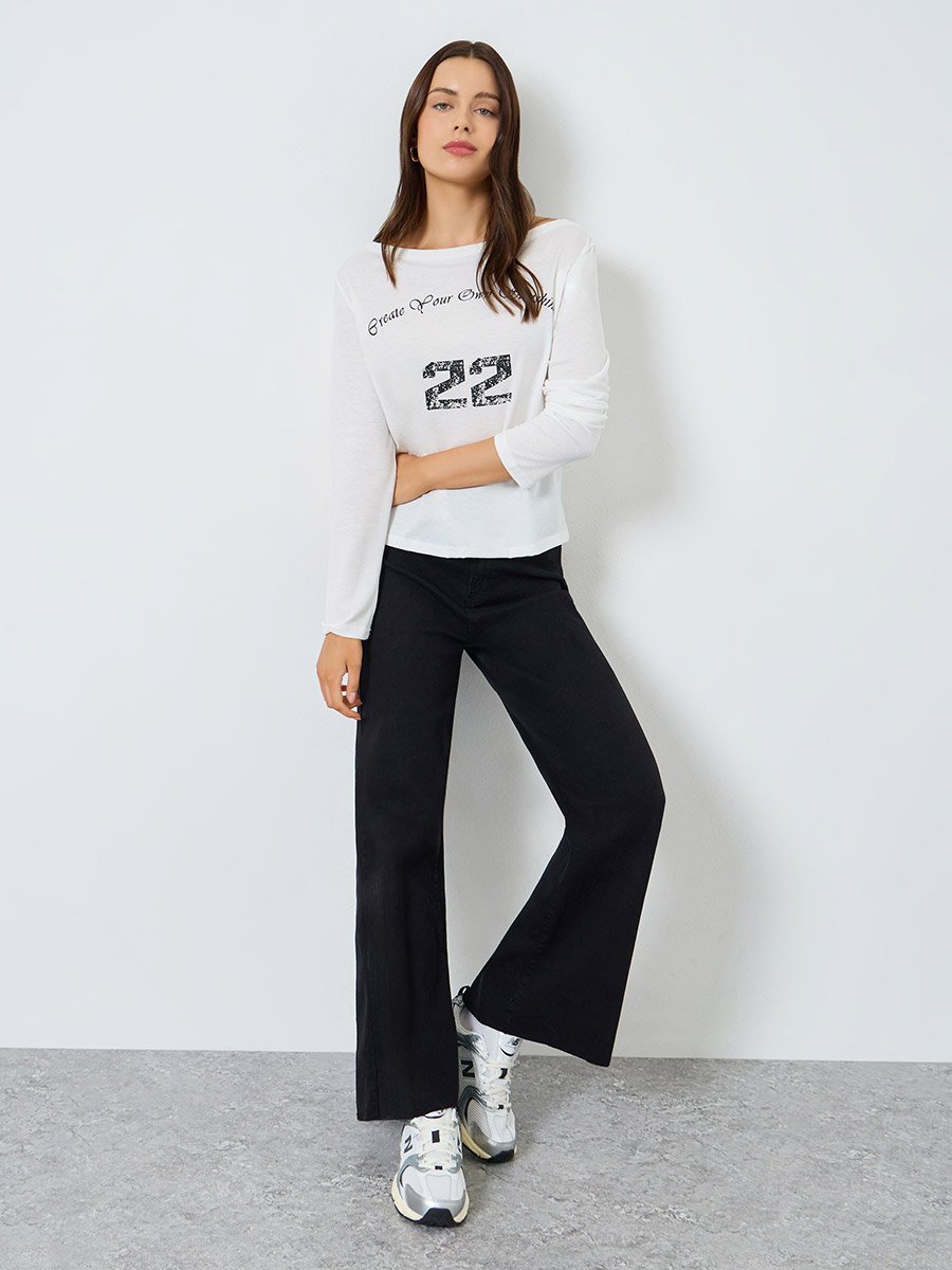 White Long Sleeve Slogan Print T-Shirt