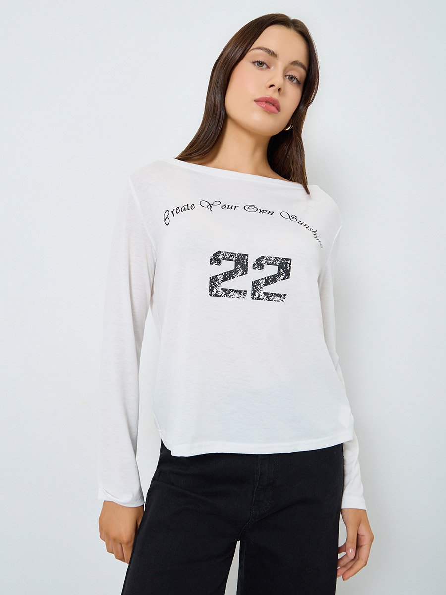 White Long Sleeve Slogan Print T-Shirt